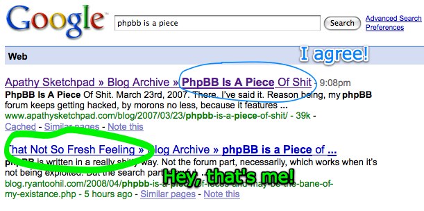 phpbb is a piece of feces google results with some color